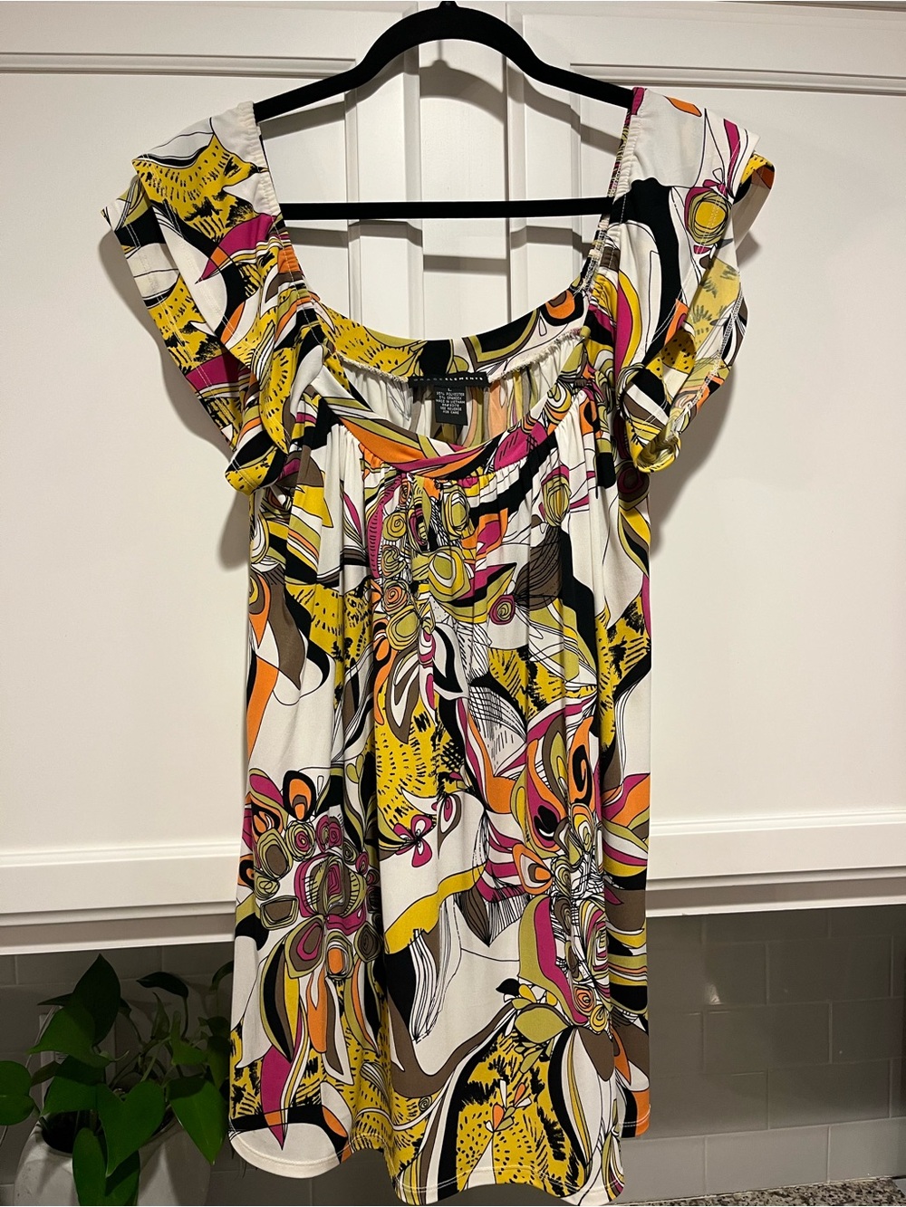 Grace Elements Abstract Floral Scoop-Neck Mini Dress in White, Yellow & Pink